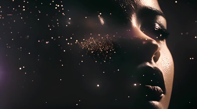 close up silhouette of a beautiful woman's face, with a dark background and sparkling light, 4k video, generated ai