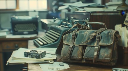 Vintage Journalist Essentials Notepads Camera and Typewriters in a Newsroom