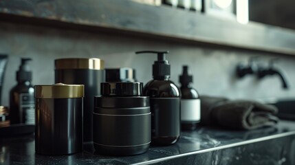 Men s hair styling products in bathroom container