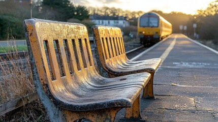 empty waiting chairs in a train station with a train entering the station