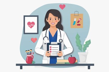 Female doctor with a tablet and healthy food promoting nutrition and health in a home office setting.