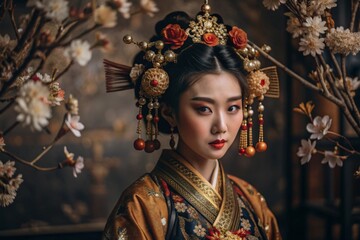A Japanese girl in a traditional national costume - a kimono. Against the background of houses, lanterns and cherry trees. The portrait symbolizes the traditions and culture of the people of Japan.
