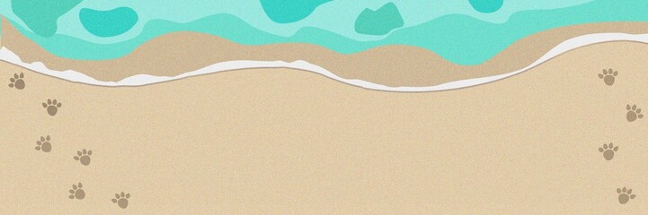 南国の砂浜の波打ち際に犬の足跡がある背景イラスト