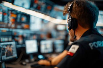 Inside an emergency operations center, with multiple screens displaying real-time data, emergency personnel coordinating responses, and team members communicating via radios