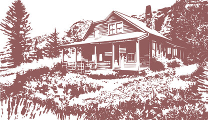 Countryside landscape wallpaper illustration drawing in woodcut style with cabin on transparent background