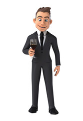Fun 3D cartoon business man drinking wine with alpha