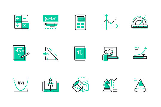 Exact sciences and mathematics - set of line design style icons isolated on white background. High quality images of graph of function, parabola, equation with unknowns, calculator, geometry and logic