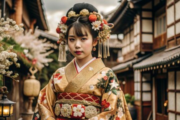 Fototapeta premium A Japanese girl in a traditional national costume - a kimono. Against the background of houses, lanterns and cherry trees. The portrait symbolizes the traditions and culture of the people of Japan.