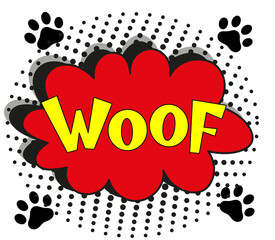 Comic lettering woof. Vector bright cartoon illustration in retro pop art style. Comic text sound effects. EPS 10.	