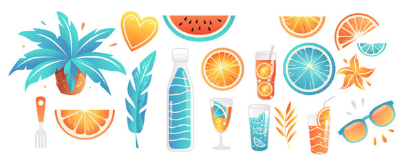 Summer tropical elements palm leaves citrus fruits drinks sunglasses beach