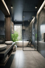 A sleek and modern bathroom with a minimalist design, featuring a freestanding bathtub, glass-enclosed shower, dual sinks, and stylish dark gray tiles.