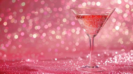 Mock up of cocktail glass set on pink glitter background