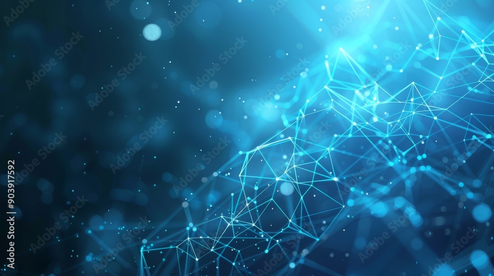 Poster an abstract network visualization featuring glowing blue nodes and lines, creating a futuristic tech
