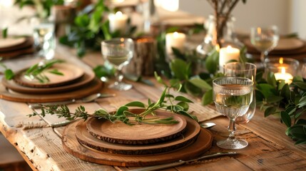 Naklejka premium Rustic wooden table set with plates, bread, and candles for a cozy indoor meal, surrounded by greenery and natural light. Farmhouse dining concept.