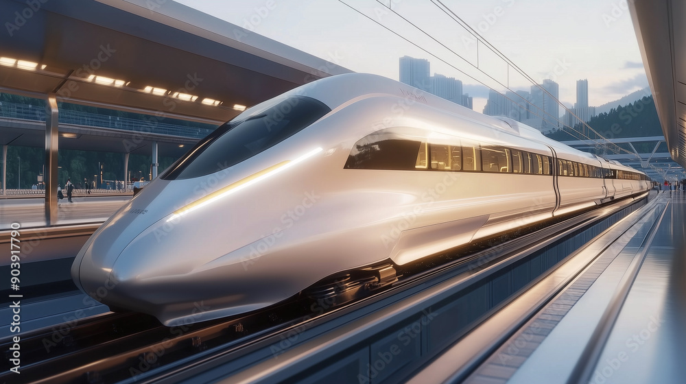 Poster high speed super fast modern bullet train based on hyper loop system