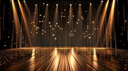 Glittering stage with luxury gold light streaks, ideal for ceremonies and events, Opulent, Warm colors, High-resolution