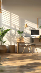 Fototapeta premium Minimalist Home Workspace with Ergonomic Setup and Warm Tones