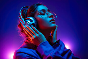 Stylish Indian Woman Enjoying Music with Headphones and Neon Glow