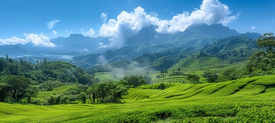 Tea farm field and mountain valley scenery landscape background. Generative AI technology.	
