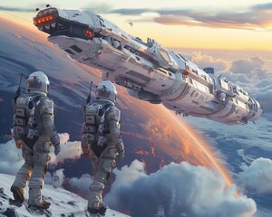 Space tourism adventure, futuristic spacecraft, astronauts in suits, distant planets, ultrarealistic, vivid colors, cinematic view, outer space exploration