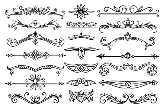 Decorative hand drawn dividers and borders set. Set of swirl dividers, flourishes, corner flourishes, brackets, frames, page decorations.