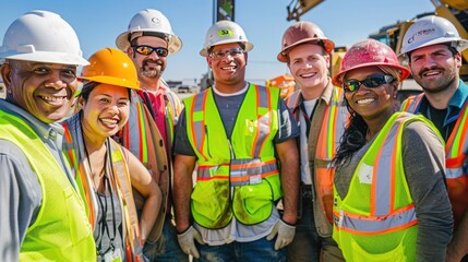 A group of diverse construction workers in hard hats and safety vests, standing together and smiling warmly, with a construction site in the background.