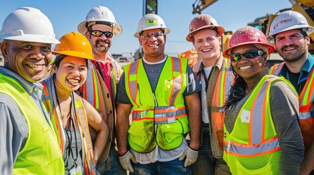 A group of diverse construction workers in hard hats and safety vests, standing together and smiling warmly, with a construction site in the background.
