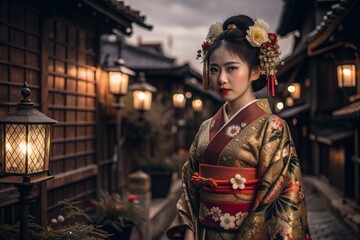 Fototapeta premium A Japanese girl in a traditional national costume - a kimono. Against the background of houses, lanterns and cherry trees. The portrait symbolizes the traditions and culture of the people of Japan.