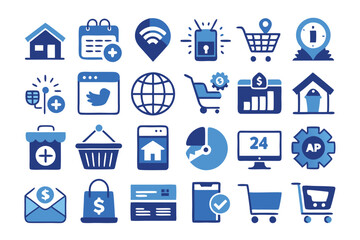Blue and white icons for online shopping.
E-commerce icons in blue and white.
Set of blue and white icons for online store.
Online shop icon set in blue and white.
Blue and white online shop icons.
