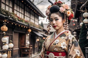 Fototapeta premium A Japanese girl in a traditional national costume - a kimono. Against the background of houses, lanterns and cherry trees. The portrait symbolizes the traditions and culture of the people of Japan.