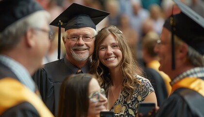 Fototapeta premium Parents taking photos of graduates, candid moments, natural expressions, warm lighting, highresolution, detailed backgrounds, realistic photography, joyful atmosphere