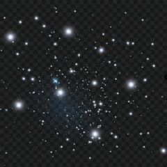 White sparkles and star clusters on a dark, transparent background. Vector