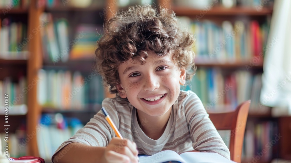 Wall mural a happy boy is sitting at the table and writing in his notebook, he smiles while looking into camera