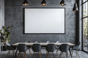 a large blank canvas hanging over a table in a modern office conference room - art mock-up template