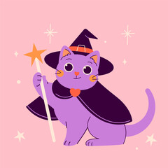 Halloween card with cute black cat. Halloween sticker. Happy holiday. Happy Halloween, Halloween for kids. Vector illustration in flat style 