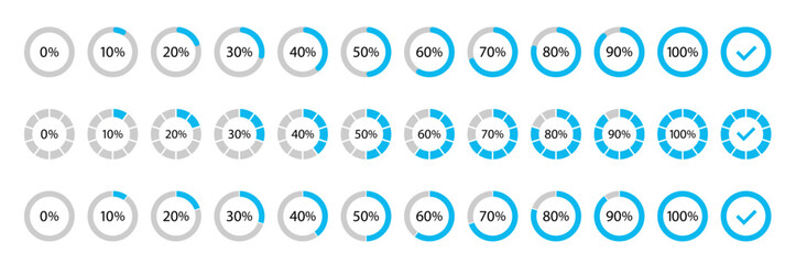 Circle loading and circle progress collection. Set of circle percentage diagrams for infographics, 0, 10, 20, 30, 40, 50, 60, 70, 80, 90, 100 percent.