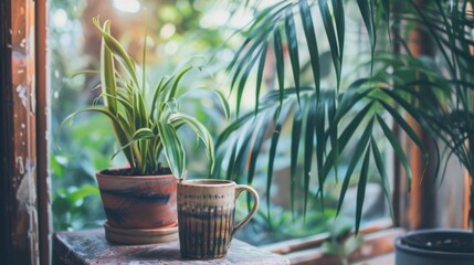 Indoor plant on windowsill with coffee mug, serene morning.