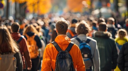 A large crowd of people walking down a street. The man in the orange jacket is the only one who is not wearing a backpack