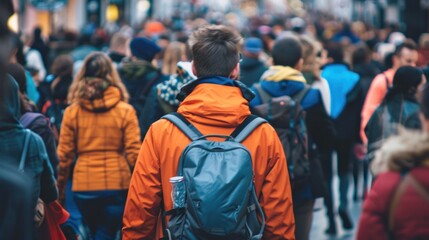 A large crowd of people walking down a street. The man in the orange jacket is the only one who is not wearing a backpack