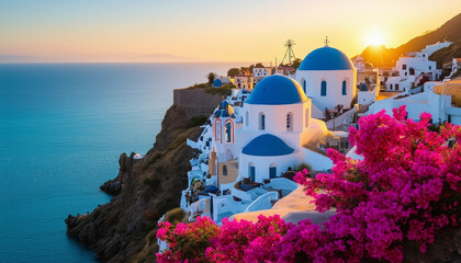 A stunning coastal village with pristine whitewashed buildings and blue-domed churches, perched on cliffs overlooking a crystal-clear turquoise sea.