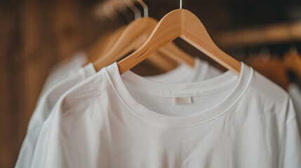 White t-shirts hanging on wooden hangers in a closet.