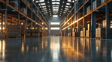 A large empty storage warehouse with boxes on shelves. Modern Industrial distribution center with racks, boxes and containers.