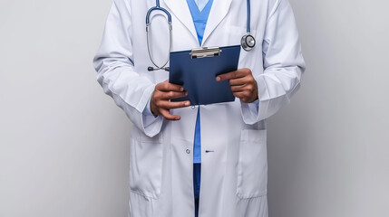Doctor with Clipboard Against Clean White Backdrop