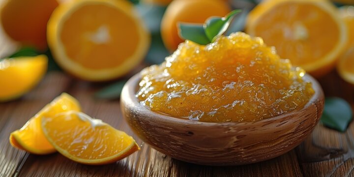 Close-up of fresh orange marmalade in a wooden bowl with slices of oranges in the background on a rustic table