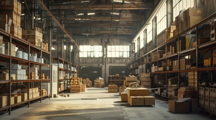 A large warehouse with many shelves and boxes. The space is very open and bright, with a lot of light coming in from the windows. Scene is one of efficiency and productivity