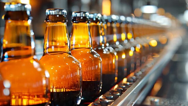 Glass bottles on production line in beverage factory