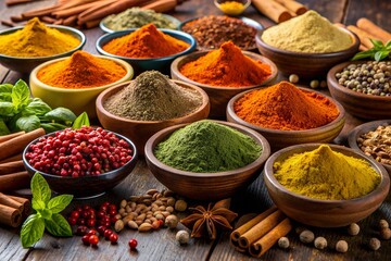 Fototapeta premium colorful spices and spices in small bowls. 