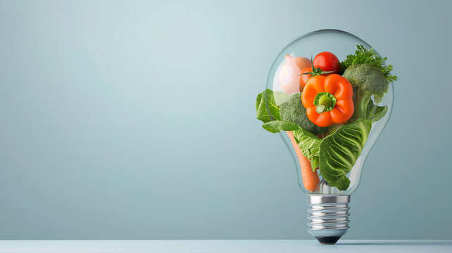 A light bulb filled with fresh vegetables symbolizing the idea of smart, healthy eating for a bright future.