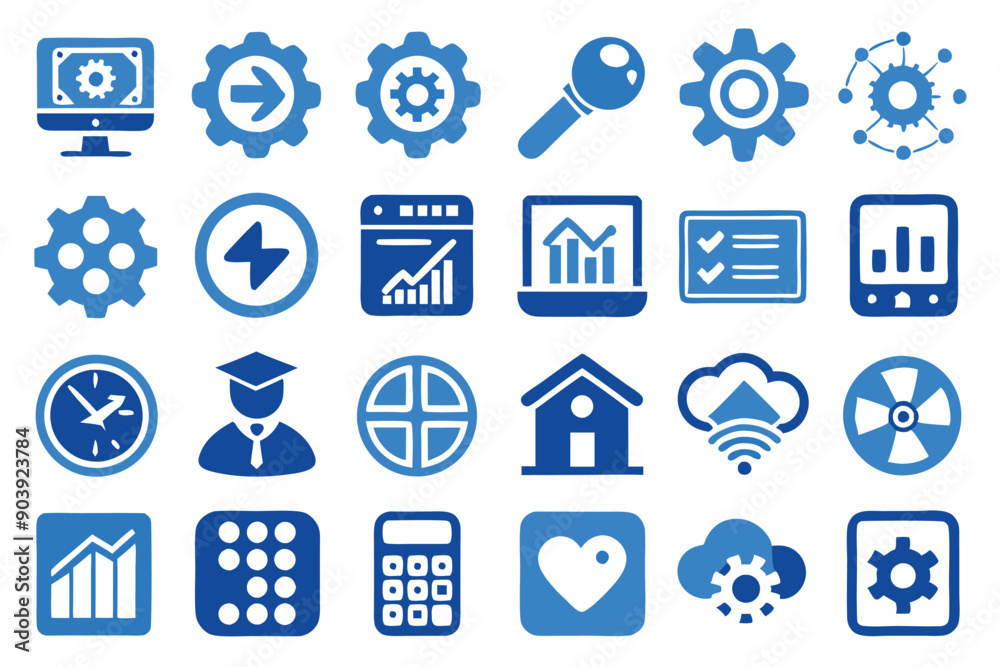 Poster blue and white setting and setup icons convey organizational and functional elements.