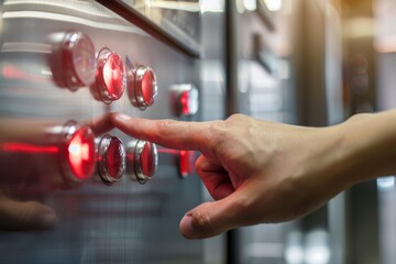 Close-up of a human hand pressing control panel buttons in an industrial setting with signal lights. Beautiful simple AI generated image in 4K, unique.